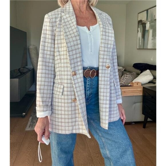 Women's Plaid Tweed Blazer Long Sleeve Double Breasted Open Front Jacket Suit - Picture 7 of 8